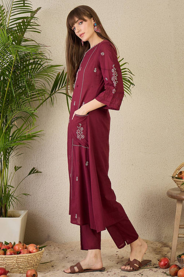Maroon Embroidered Cotton Kurti Pant Set (IDKS0MR11302)
