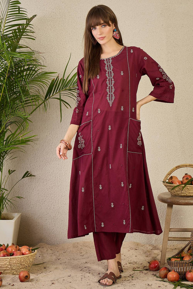 Maroon Embroidered Cotton Kurti Pant Set (IDKS0MR11302)