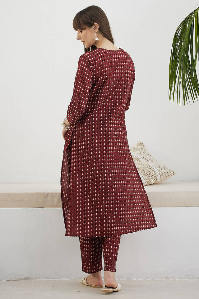 Maroon Printed Cotton Kurti Pant Set (IDKS0MR12144)