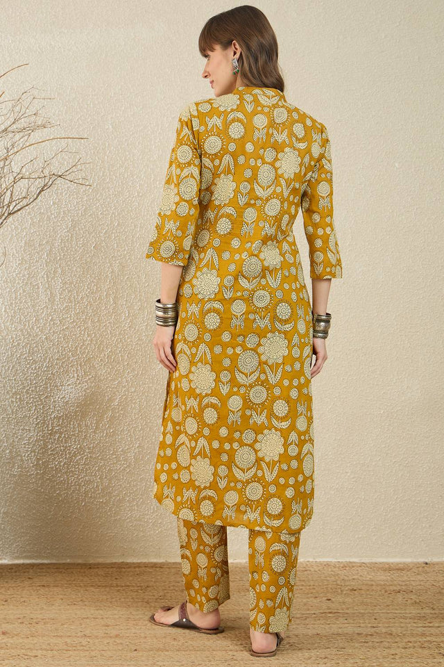 Mustard Floral Printed Cotton Kurti Pant Set (IDKS0MT12155)