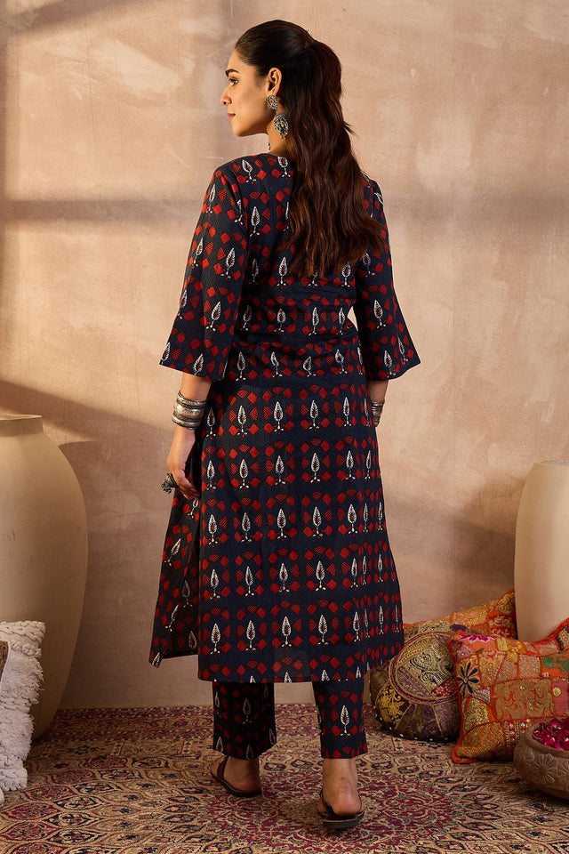 Navy Blue Printed Cotton Kurti Pant Set (IDKS0NB11884)