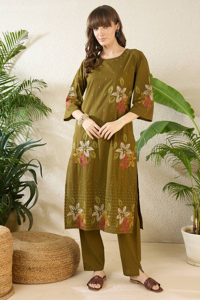 Olive Green Embroidered Cotton Kurti Pant Set (IDKS0OL12180)