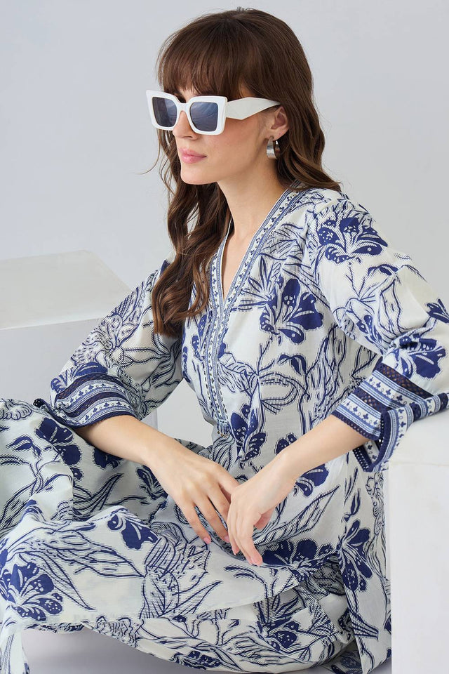 Off White Floral Printed Cotton Kurti Pant Set (IDKS0OW12469)