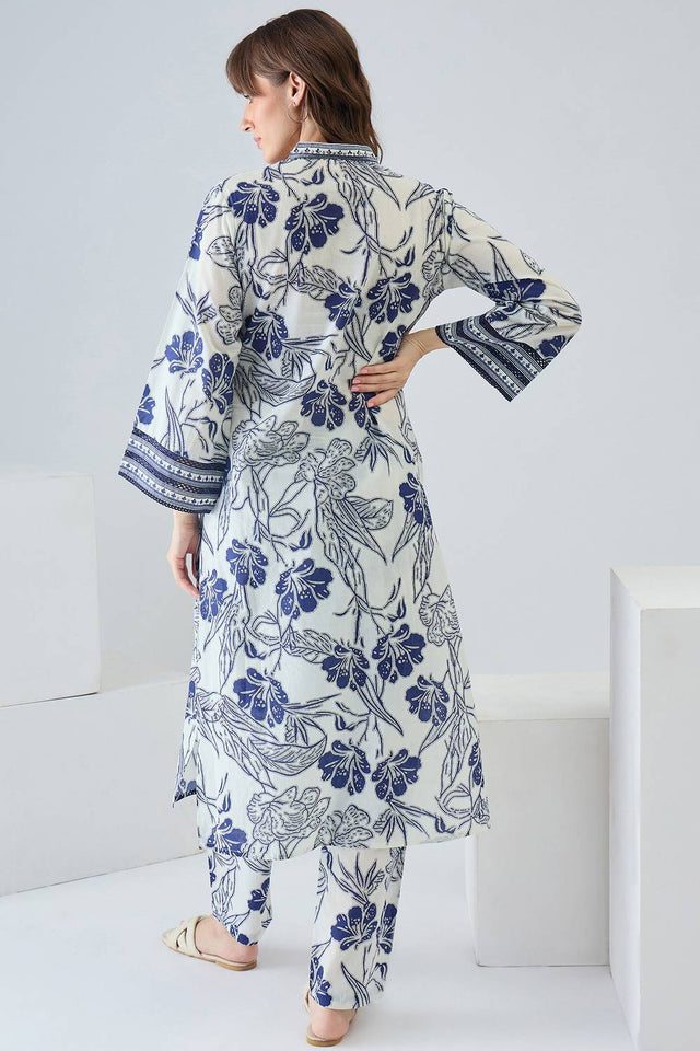 Off White Floral Printed Cotton Kurti Pant Set (IDKS0OW12469)