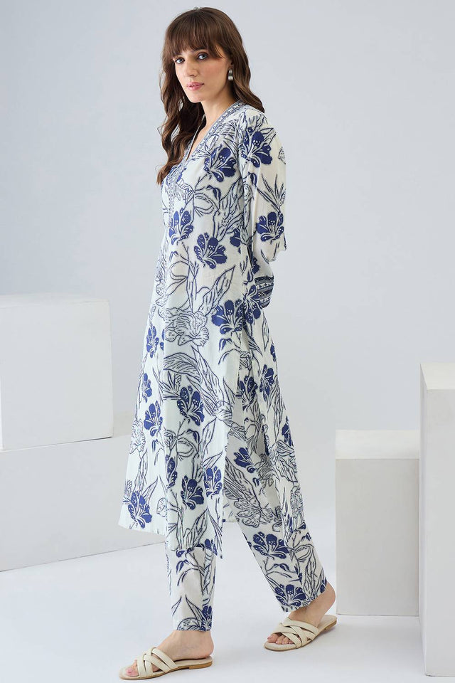 Off White Floral Printed Cotton Kurti Pant Set (IDKS0OW12469)