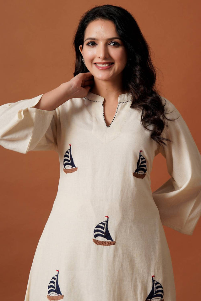 Off White Embroidered Cotton Kurti Pant Set (IDKS0OW12479)