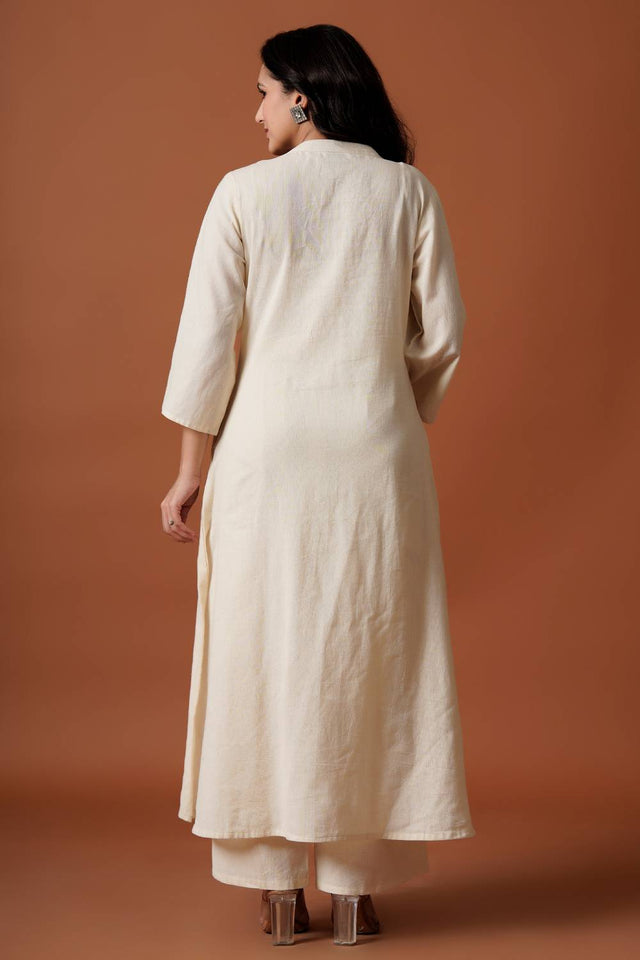 Off White Embroidered Cotton Kurti Pant Set (IDKS0OW12479)
