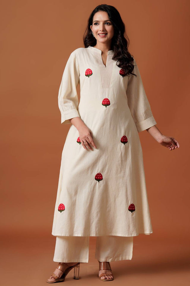 Off White Embroidered Cotton Kurti Pant Set (IDKS0OW12481)