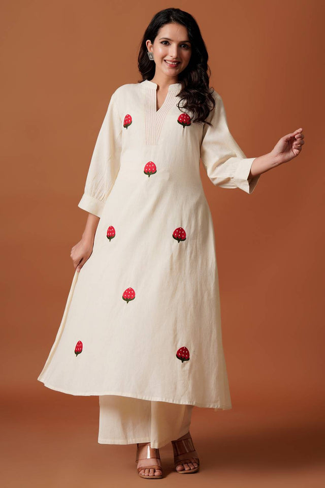 Off White Embroidered Cotton Kurti Pant Set (IDKS0OW12481)
