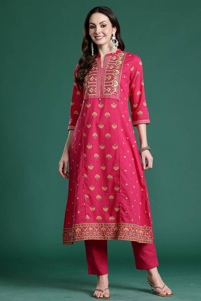 Pink Embroidered Cotton Kurti Pant Set (IDKS0PK11169)