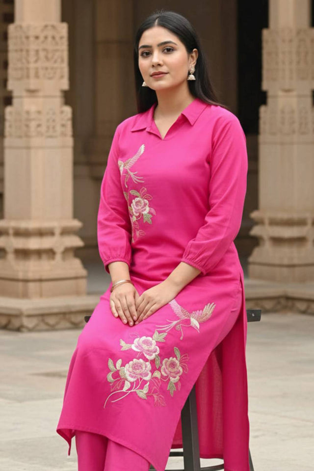 Pink Floral Embroidered Cotton Kurti Pant Set (IDKS0PK11945)