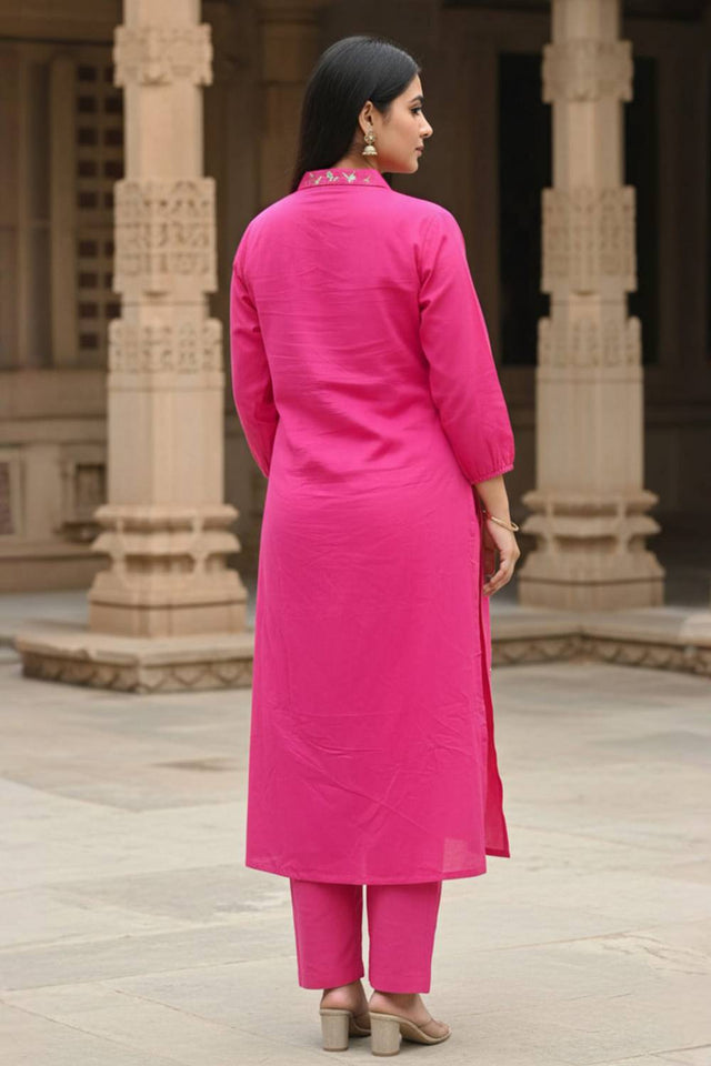 Pink Floral Embroidered Cotton Kurti Pant Set (IDKS0PK11945)