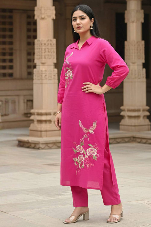 Pink Floral Embroidered Cotton Kurti Pant Set (IDKS0PK11945)