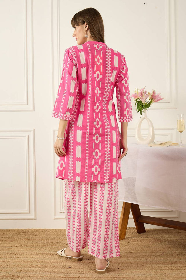 Pink Printed Cotton Kurti Pant Set (IDKS0PK12161)