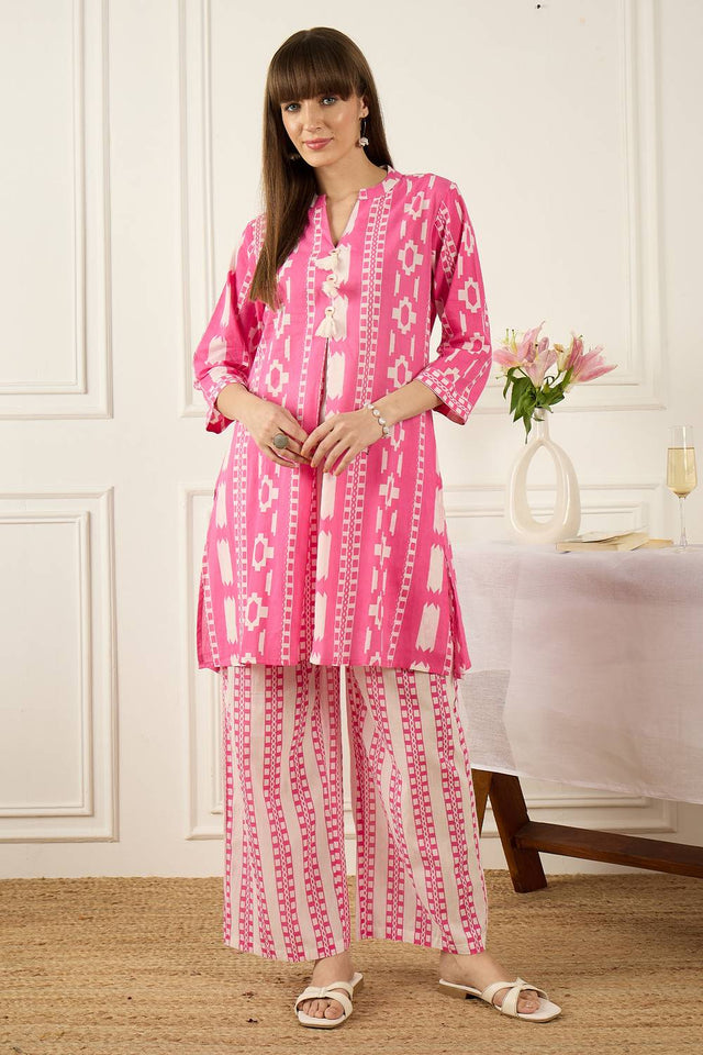 Pink Printed Cotton Kurti Pant Set (IDKS0PK12161)