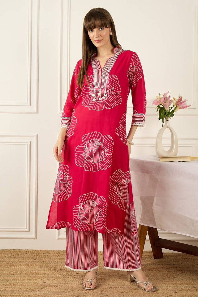 Pink Floral Printed Cotton Kurti Pant Set (IDKS0PK12363)