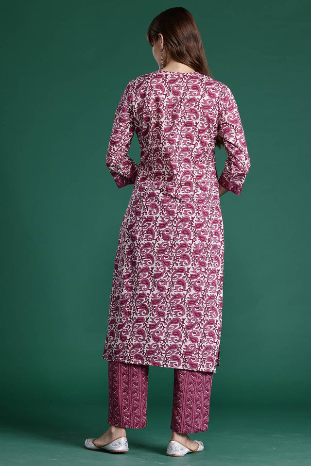 Violet Printed Cotton Kurti Pant Set (IDKS0PR10467)