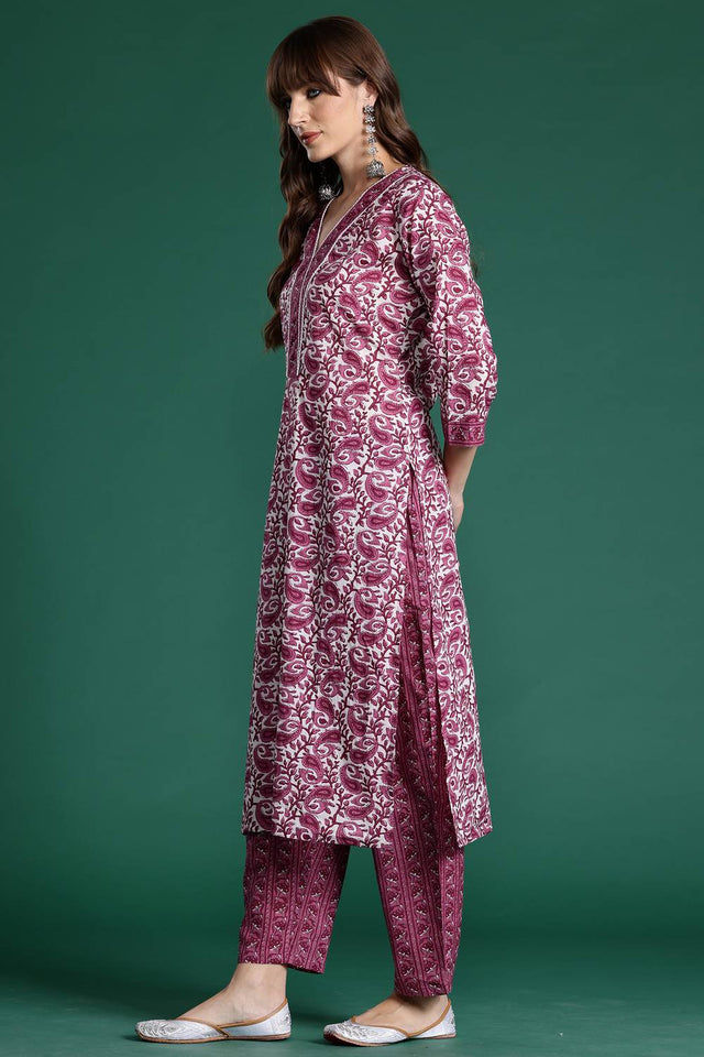 Violet Printed Cotton Kurti Pant Set (IDKS0PR10467)