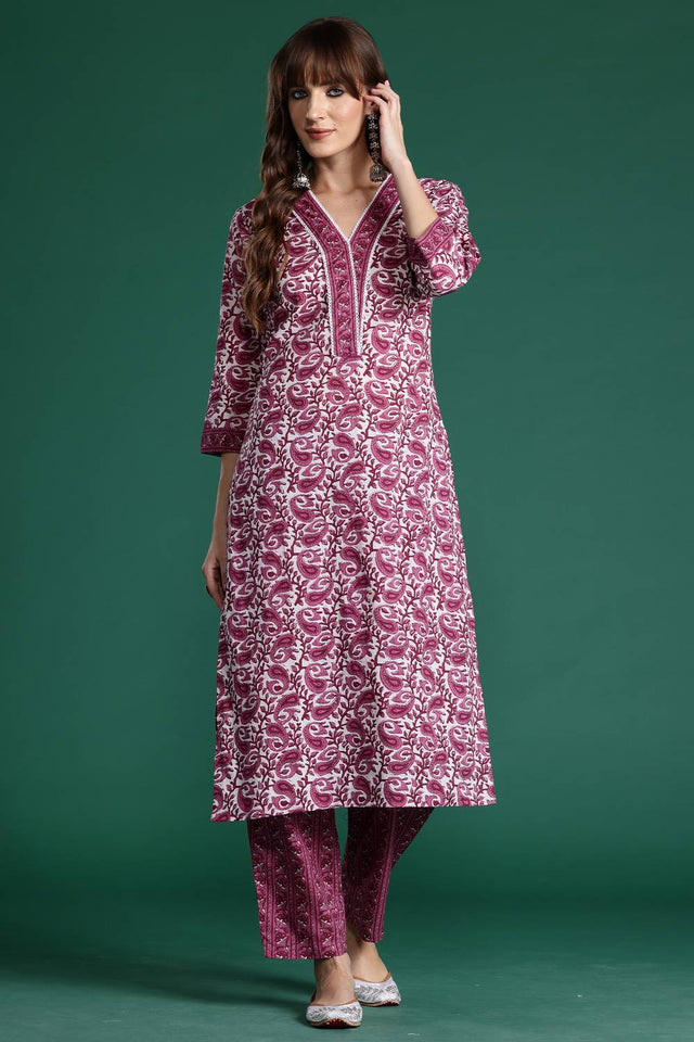 Violet Printed Cotton Kurti Pant Set (IDKS0PR10467)