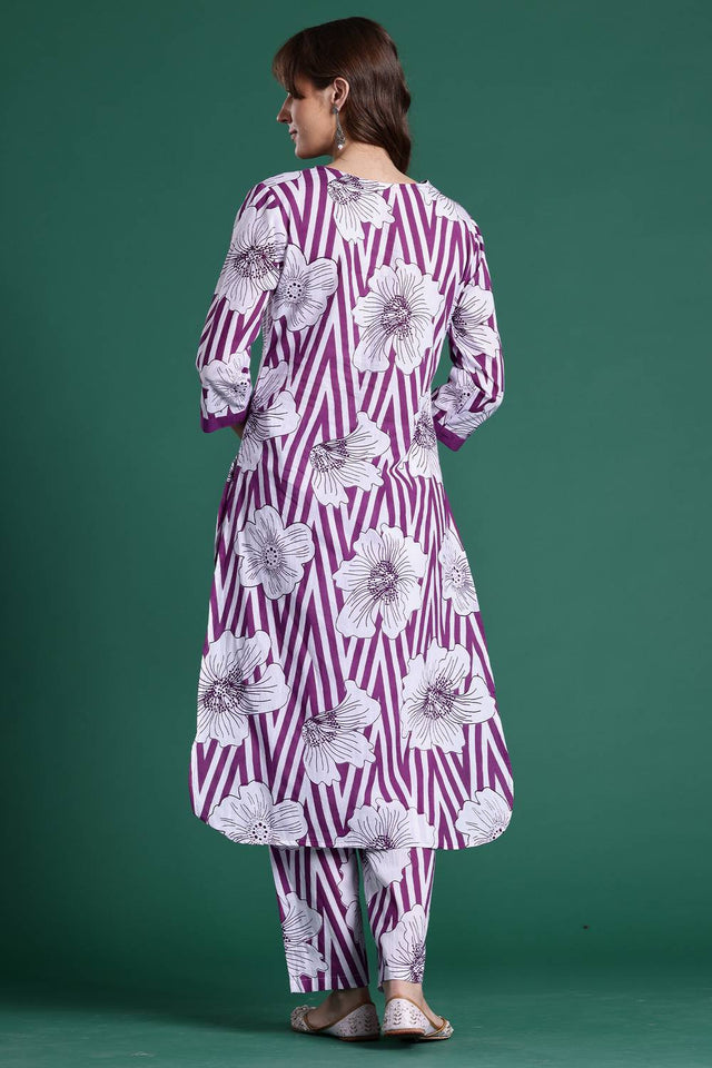 Violet Floral Printed Cotton Kurti Pant Set (IDKS0PR11028)
