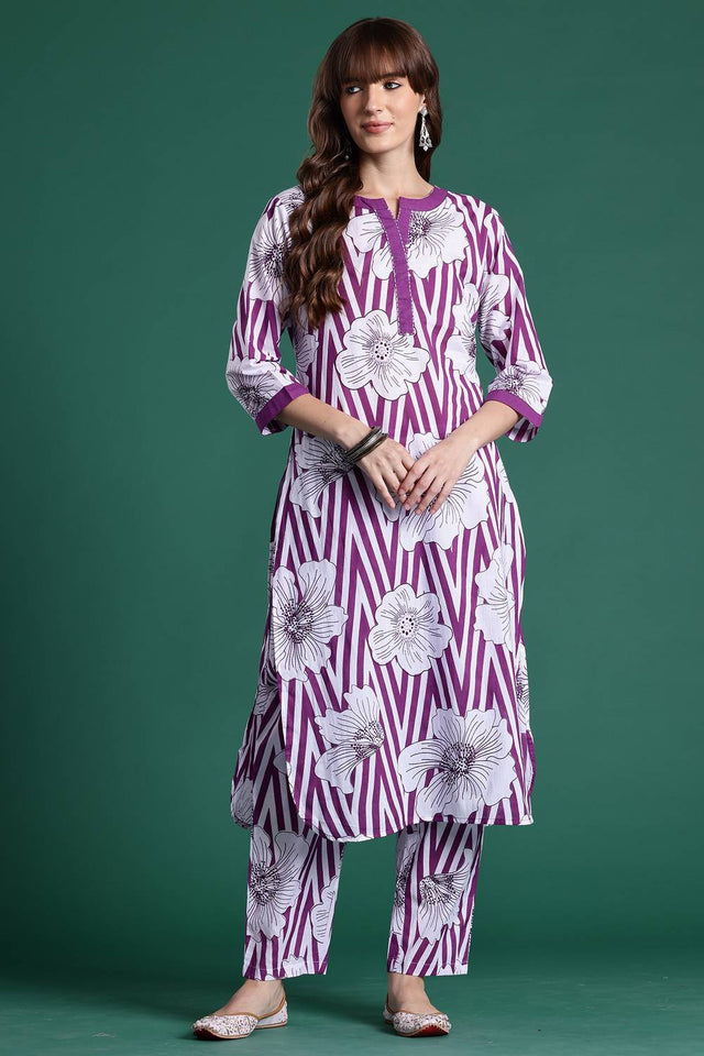 Violet Floral Printed Cotton Kurti Pant Set (IDKS0PR11028)