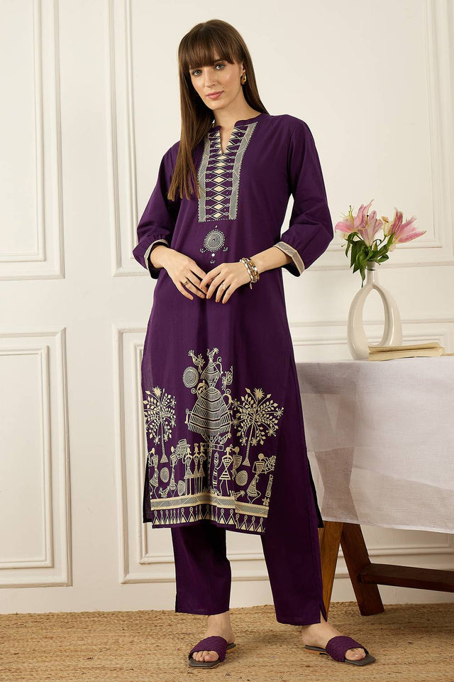Violet Printed Cotton Kurti Pant Set (IDKS0PR11853)