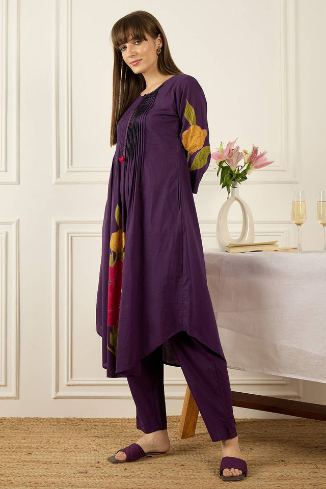 Violet Floral Printed Cotton Kurti Pant Set (IDKS0PR12165)
