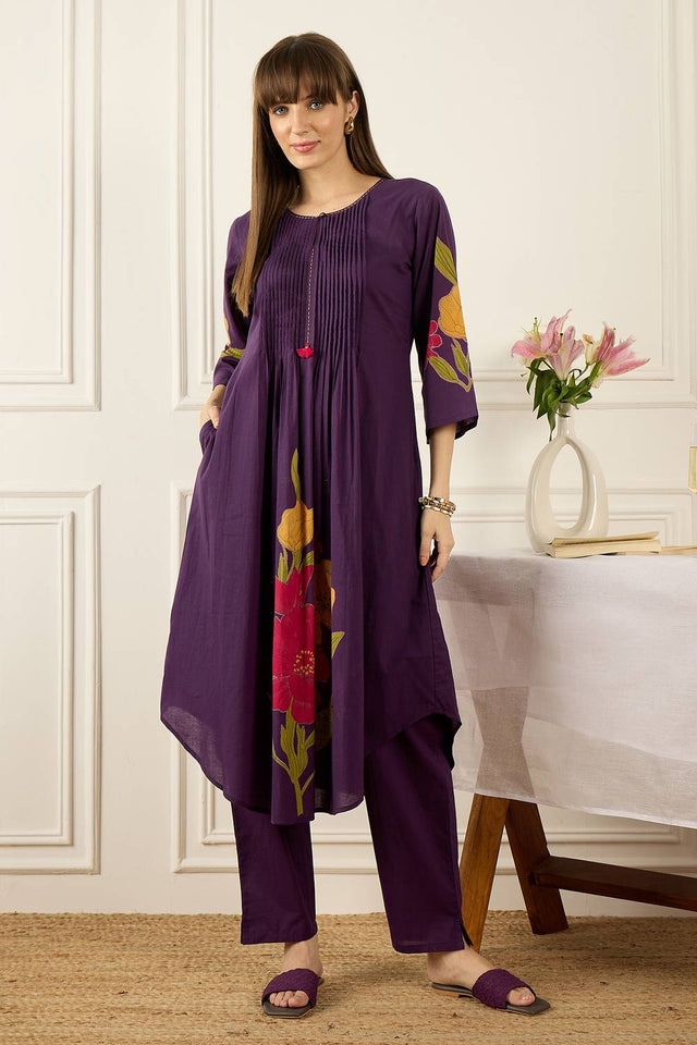 Violet Floral Printed Cotton Kurti Pant Set (IDKS0PR12165)