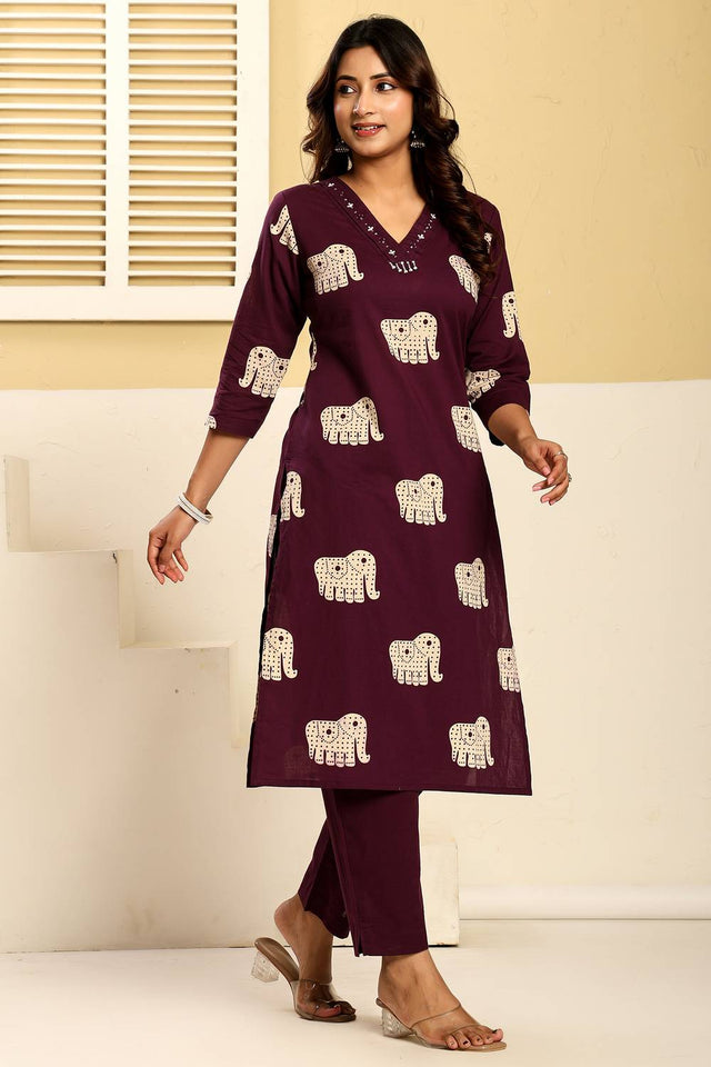 Violet Printed Cotton Kurti Pant Set (IDKS0PR12510)