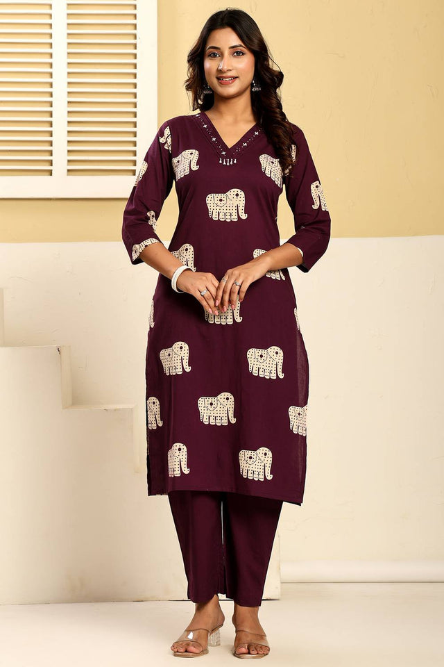 Violet Printed Cotton Kurti Pant Set (IDKS0PR12510)