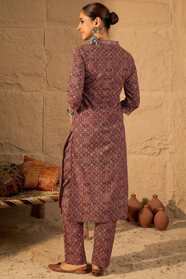 Red Printed Cotton Kurti Pant Set (IDKS0RD10784)