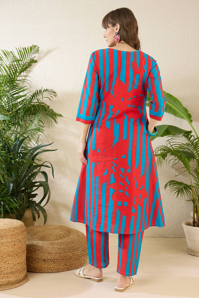 Red Printed Cotton Kurti Pant Set (IDKS0RD11727)