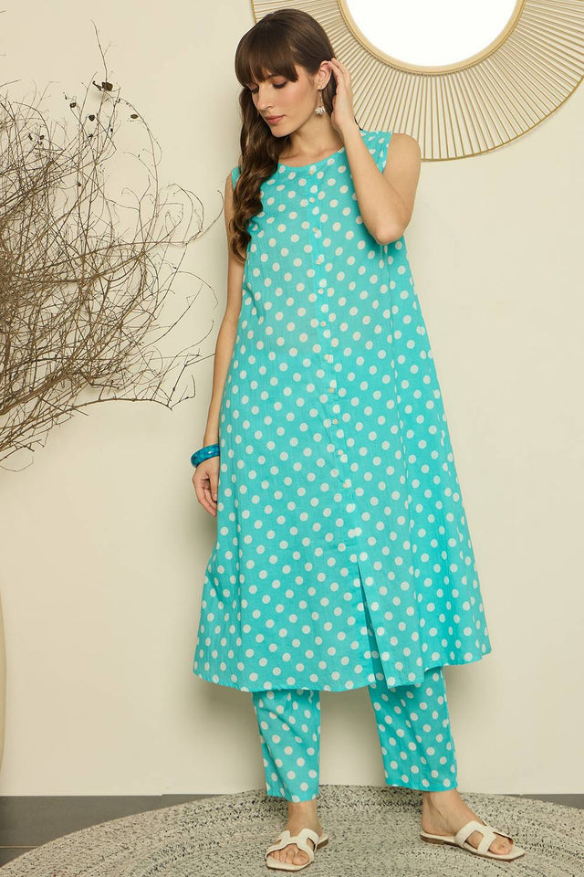 Sea Green Printed Cotton Kurti Pant Set (IDKS0SG11929)
