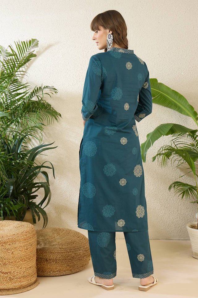 Turquoise Floral Printed Cotton Kurti Pant Set (IDKS0TL12465)