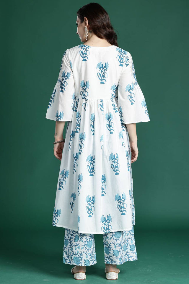 White Floral Printed Cotton Kurti Pant Set (IDKS0WH10628)