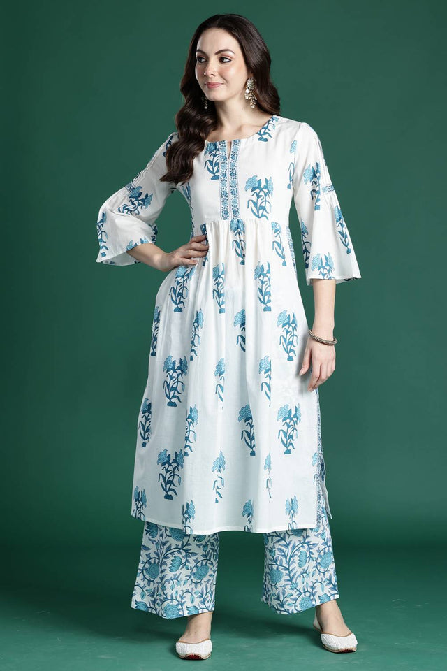 White Floral Printed Cotton Kurti Pant Set (IDKS0WH10628)