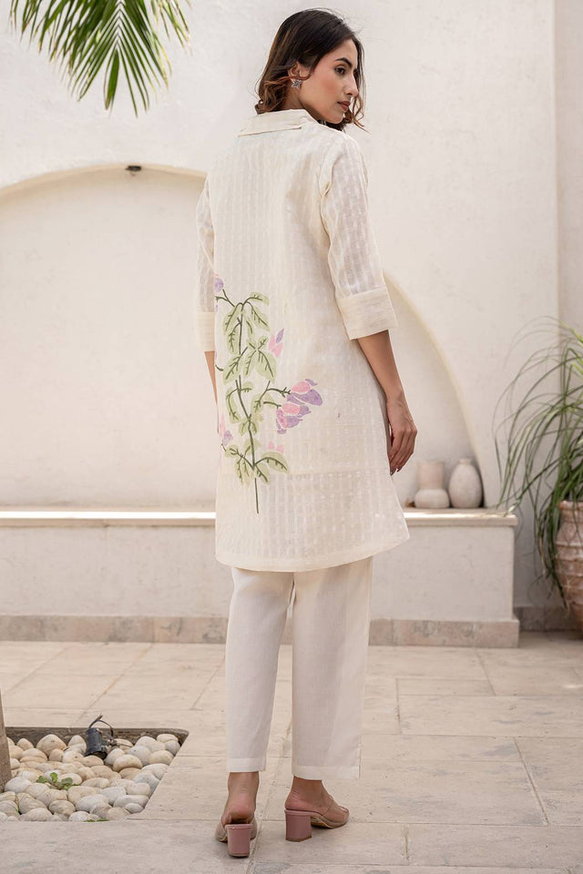 White Floral Printed Cotton Kurti Pant Set (IDKS0WH11240)