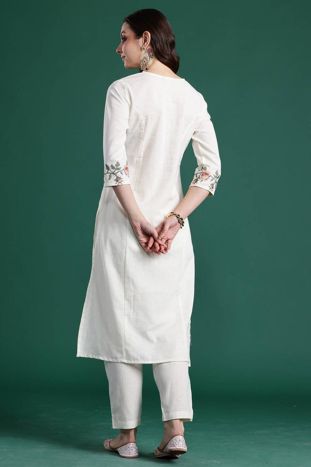 White Floral Printed Cotton Kurti Pant Set (IDKS0WH9860)