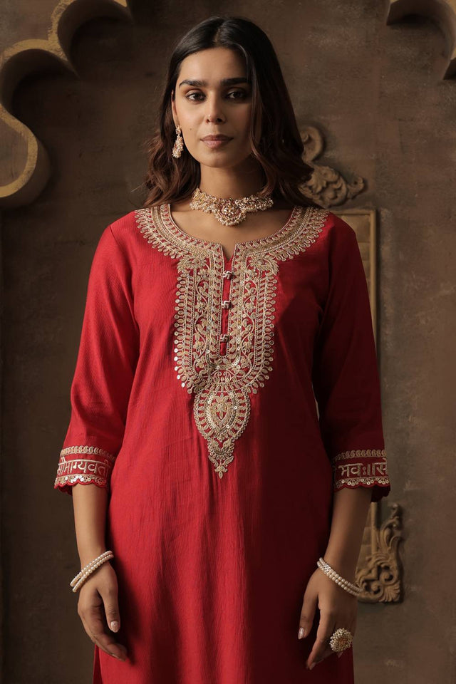 Red Sequin with Embroidered Liva Kurti Pant Set (IDKS1RD12304)