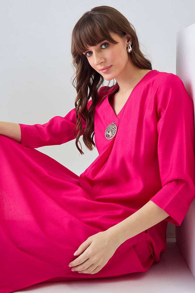Pink Solid Liva Kurti Pant Set (IDKS1RP12355)