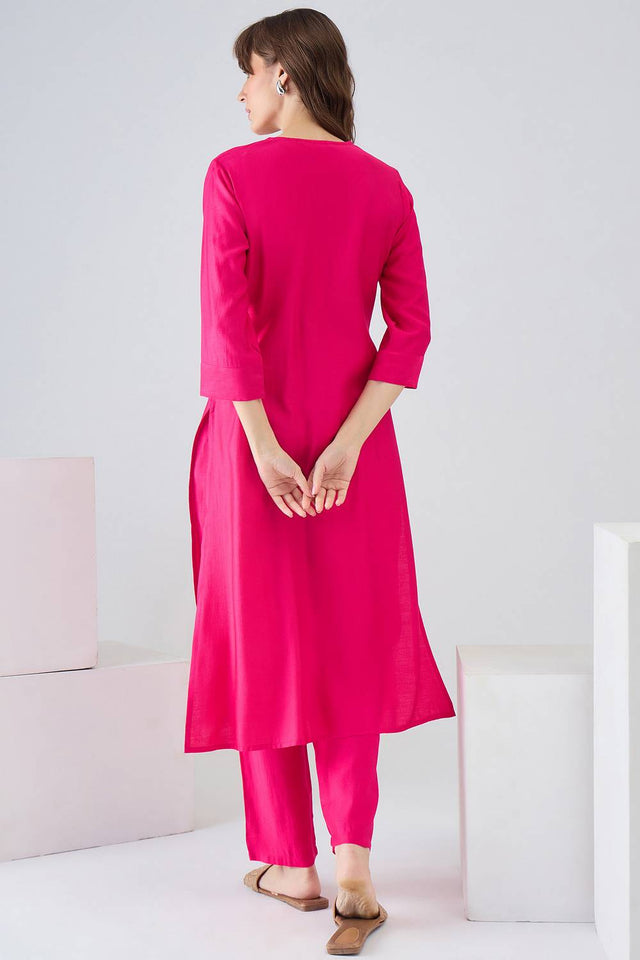 Pink Solid Liva Kurti Pant Set (IDKS1RP12355)