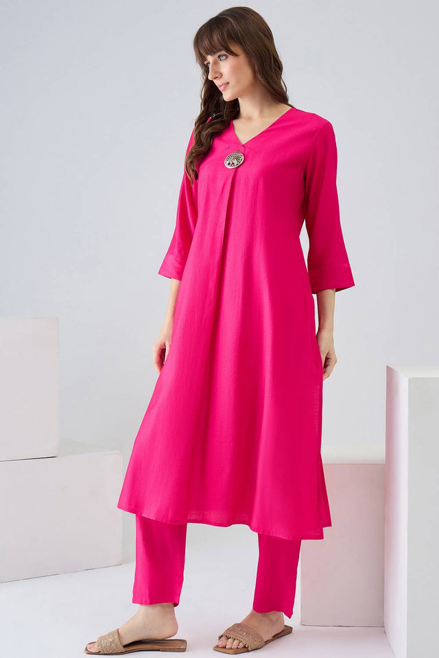 Pink Solid Liva Kurti Pant Set (IDKS1RP12355)