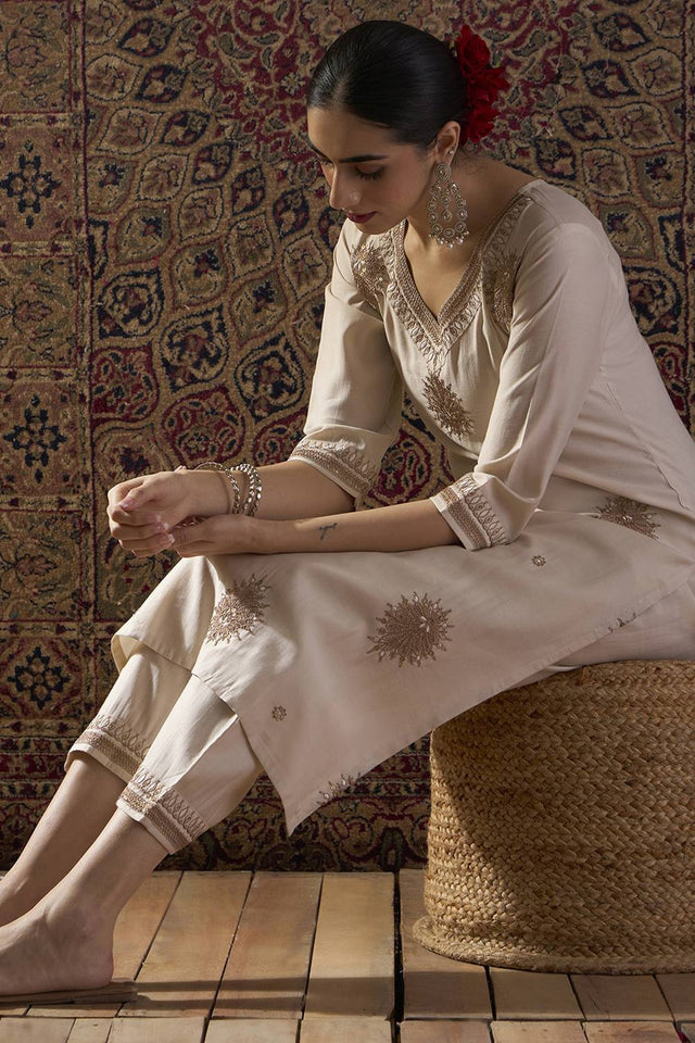White Embroidered Liva Kurti Pant Set (IDKS1WH12380)