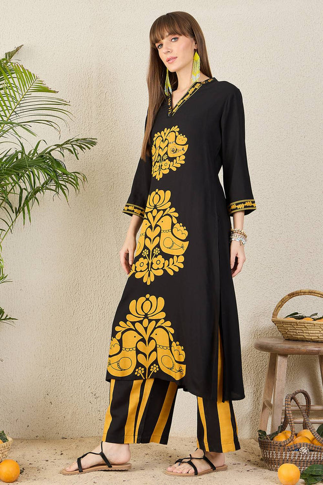 Black Printed Rayon Kurti Pant Set (IDKS5BK12094)