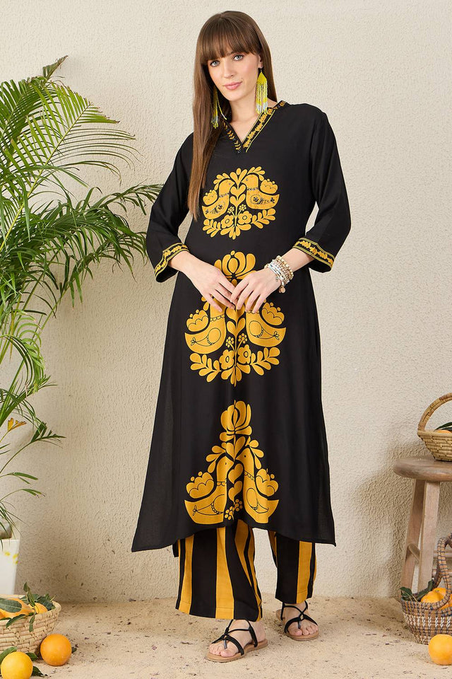 Black Printed Rayon Kurti Pant Set (IDKS5BK12094)