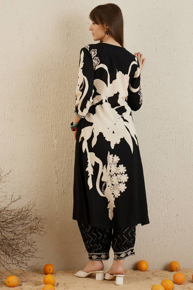 Black Printed Rayon Kurti Pant Set (IDKS5BK6142)