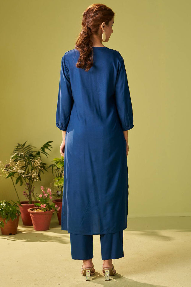 Blue Floral Embroidered Rayon Kurti Pant Set (IDKS5BL11136)