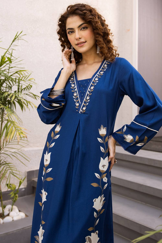 Blue Floral Printed Rayon Kurti Pant Set (IDKS5BL12049)