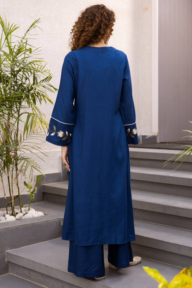 Blue Floral Printed Rayon Kurti Pant Set (IDKS5BL12049)