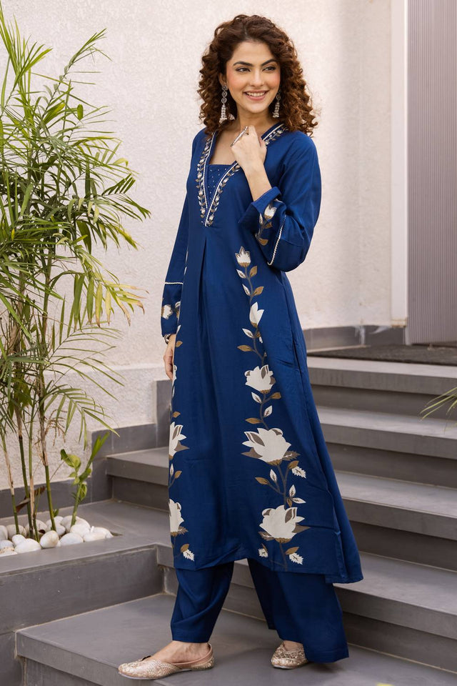 Blue Floral Printed Rayon Kurti Pant Set (IDKS5BL12049)